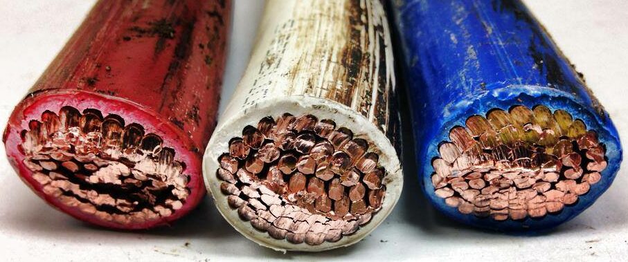 A close-up of the ends of three thick, multi-strand copper wires with red, white, and blue insulation. The copper wires are exposed, showing tightly packed strands.