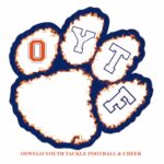 A blue and orange outlined paw print with the letters O, Y, T, F inside. Text below reads: OSWEGO YOUTH TACKLE FOOTBALL & CHEER.