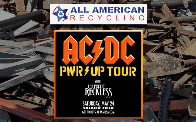 Concert poster for AC/DC’s Power Up Tour with The Pretty Reckless at Soldier Field on May 24. All American Recycling logo is above. Background shows a pile of scrap metal.