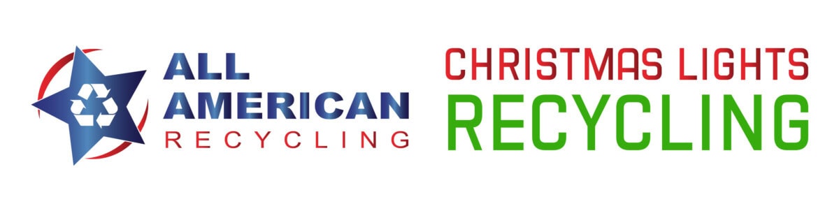 Logo with a blue star and recycling symbol, text reads “All American Recycling.” To the right, red and green text reads “Christmas Lights Recycling.”.
