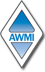 Diamond-shaped logo with two blue triangles pointing up and down, and AWMI written in blue capital letters across the center.