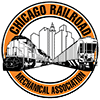Logo for the Chicago Railroad Mechanical Association featuring two trains facing each other with a city skyline in the background, framed by an orange and black circular border.