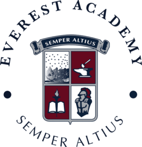 Everest Academy crest with Semper Altius motto, featuring four icons: mountains, an anvil, an open book with a flower, and a person thinking. School name encircles the crest.