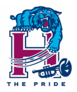 A blue wildcat with red eyes crouches on a large maroon letter H above the words THE PRIDE. A stylized trumpet is beneath the paw, suggesting a connection to a school band.
