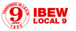 Red logo with a large number 9 inside a circle, text reads IBEW LOCAL 9 and CHARTERED IN I.B.E.W. 1892 on a white background.