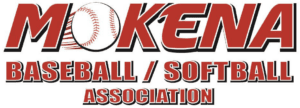 Logo with Mokena Baseball / Softball Association in bold red letters. The O in Mokena is a baseball with motion lines, suggesting action.