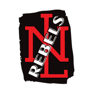 Red N and L overlap in front of a black background. The word REBELS is written diagonally in white letters with a black outline across the logo.