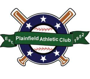 Logo with two crossed bats, a baseball, blue ring with four stars, and a green ribbon reading Est. Plainfield Athletic Club 1952.