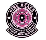 Pink and black circular logo for Pink Heals Joliet Area Chapter featuring a firefighter emblem, a badge, stars, and the phrase Cares Enough To Wear Pink.