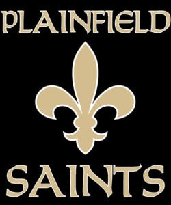 Logo with Plainfield Saints in tan letters on black background, featuring a large tan fleur-de-lis symbol between the words.