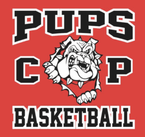 Logo with a fierce bulldog breaking through letters that spell “PUPS CUP BASKETBALL” on a red background. The bulldogs expression is aggressive, and the font is bold and outlined.