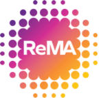 A circular gradient logo with ReMA in white text at the center, surrounded by dots fading from purple to orange on a white background.