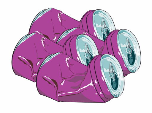 Six crushed, purple aluminum cans are stacked together, with silver tops and pull tabs visible. The cans appear empty and are overlapping in a pile against a plain, light background.