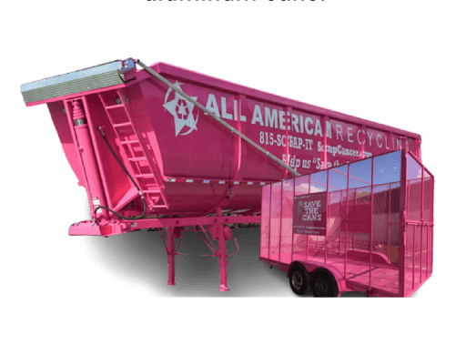 A large pink recycling trailer labeled “ALL AMERICAN RECYCLING” is parked next to a smaller pink trailer that says “SAVE THE CANS.” Both trailers are on a white background.