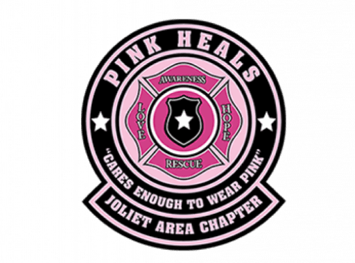 A circular Pink Heals Joliet Area Chapter logo features a pink badge with the words Awareness, Love, Hope, Rescue, and Cares Enough to Wear Pink on a black background.