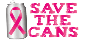 A silver can with a pink breast cancer ribbon next to bold pink text that reads SAVE THE CANS.
