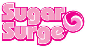 The words Sugar Surge in bold, pink bubble letters with a pink and white lollipop used as the letter e in Surge.