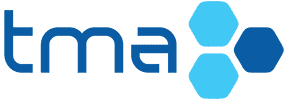 The image shows the lowercase blue letters tma next to three hexagons, two light blue and one dark blue, arranged in a triangular pattern.