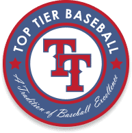 Circular logo for Top Tier Baseball. It features a red TT monogram in the center on a white background, surrounded by a blue border with red stars and the text TOP TIER BASEBALL and A Tradition of Baseball Excellence.